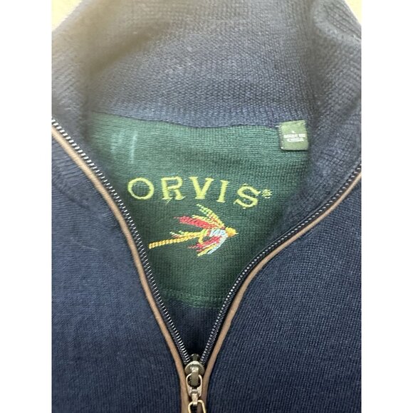Orvis 100% Merino Wool Men's XL Navy Blue Knit Ribbed Mock Neck 1/4 Zip Sweater - Picture 2 of 6